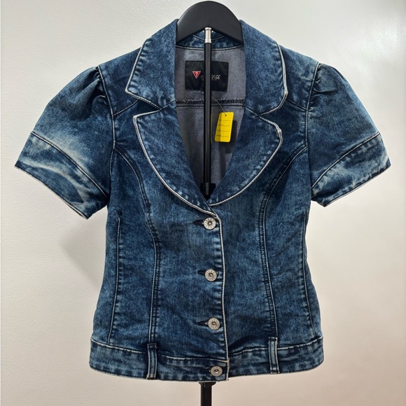 Guess Jackets & Blazers - 427. Guess Denim Short-Sleeve Blazer Jacket - Dark Blue Wash